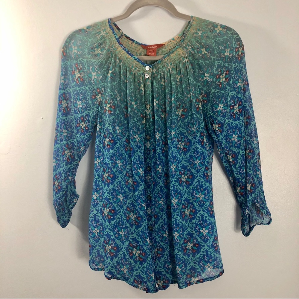 Sundance Sheer 100% Silk Floral Blouse Size S